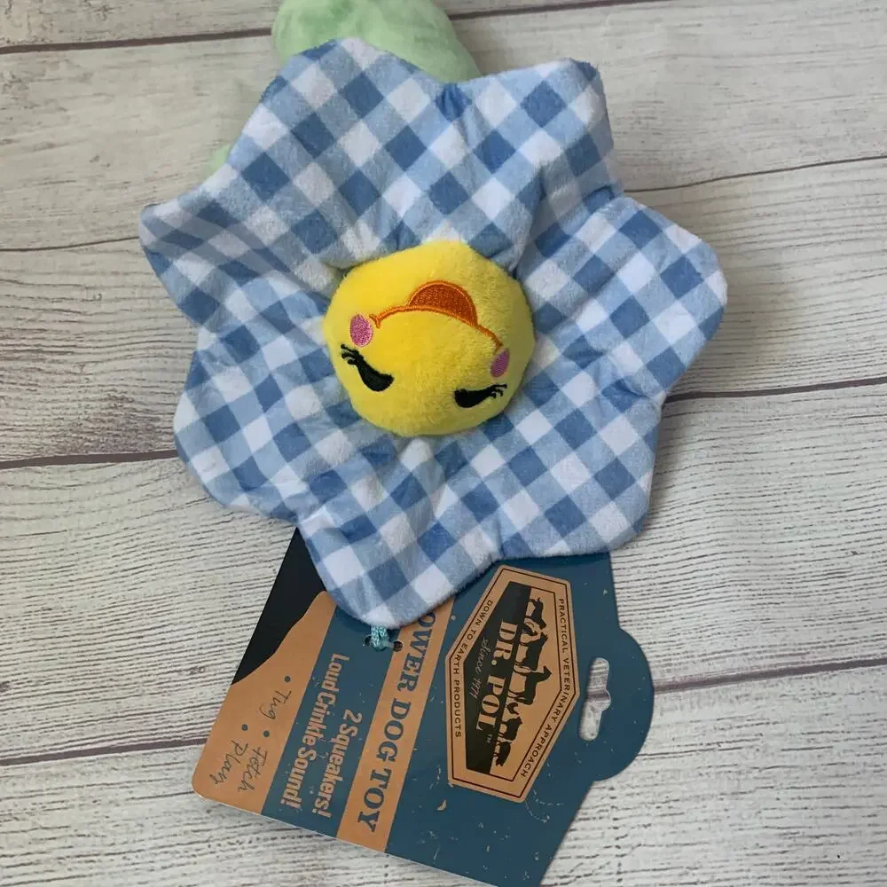 Dr. Pol Farm Flower Dog Toy Blue Gingham Plaid 2 Squeakers Crinkle 12 1/2
