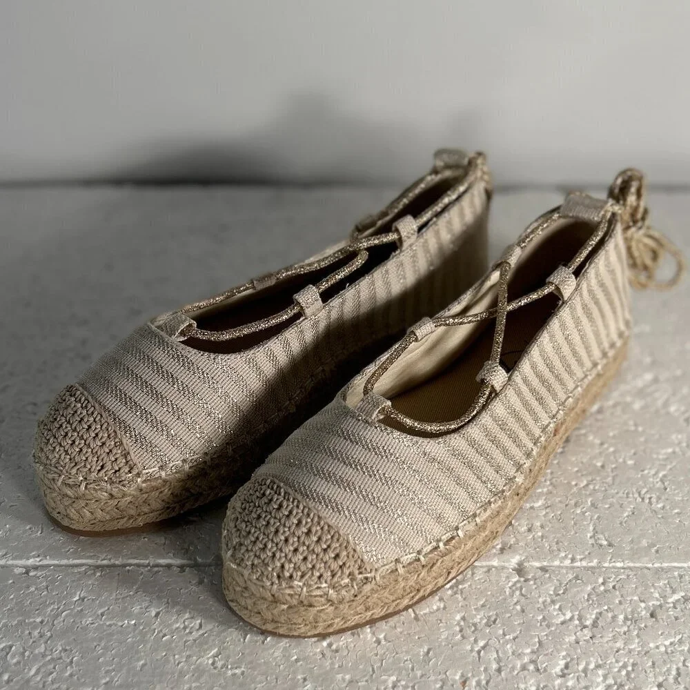 London Rag NWOT SZ6 Gold Stripe Oplin Womens Espadrille Shoes Cottage Boho Comfy