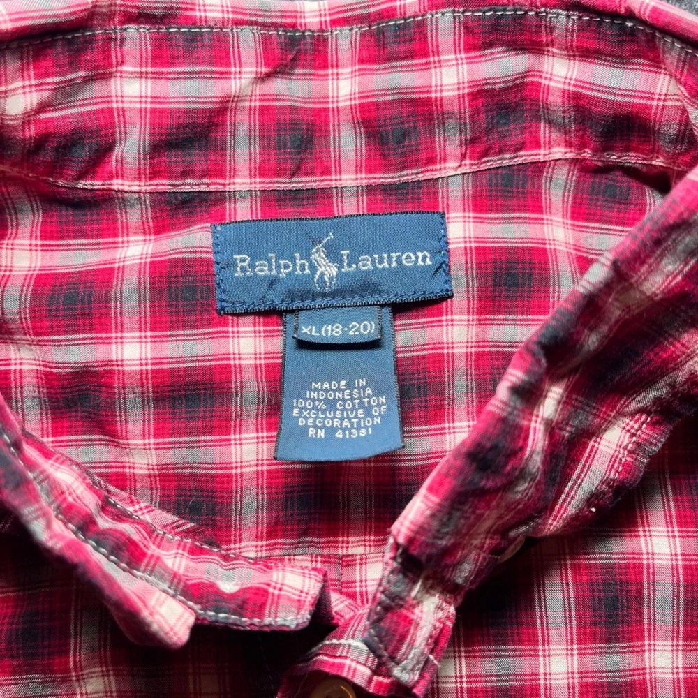 Ralph Lauren Button Down Shirt Kids XL‎ 18-20 Red Plaid Excellent Long Sleeve