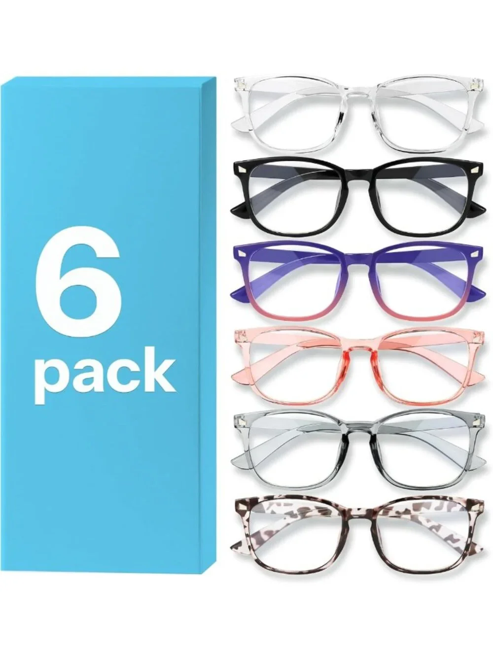 Stylish Blue Light Blocking Glasses - 6 Pack for Men & Women, Square Frame
