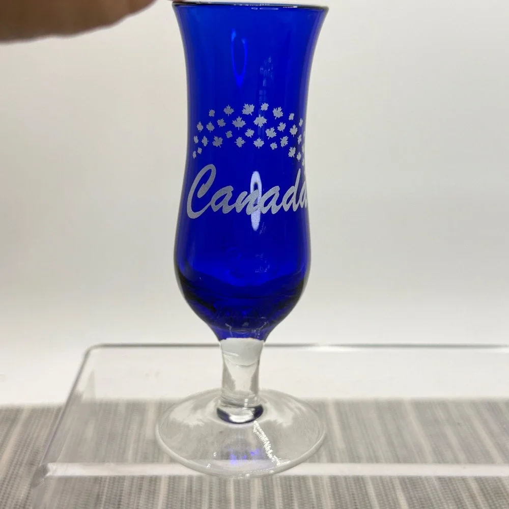 Cobalt Blue Canada Souvenir Shot Glass Etched Maple‎ Leaf Footed Hurricane 4in