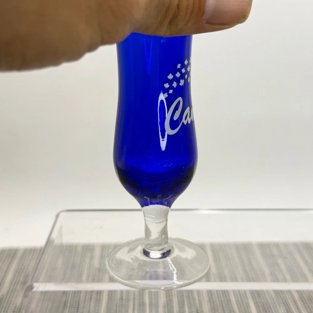 Cobalt Blue Canada Souvenir Shot Glass Etched Maple‎ Leaf Footed Hurricane 4in