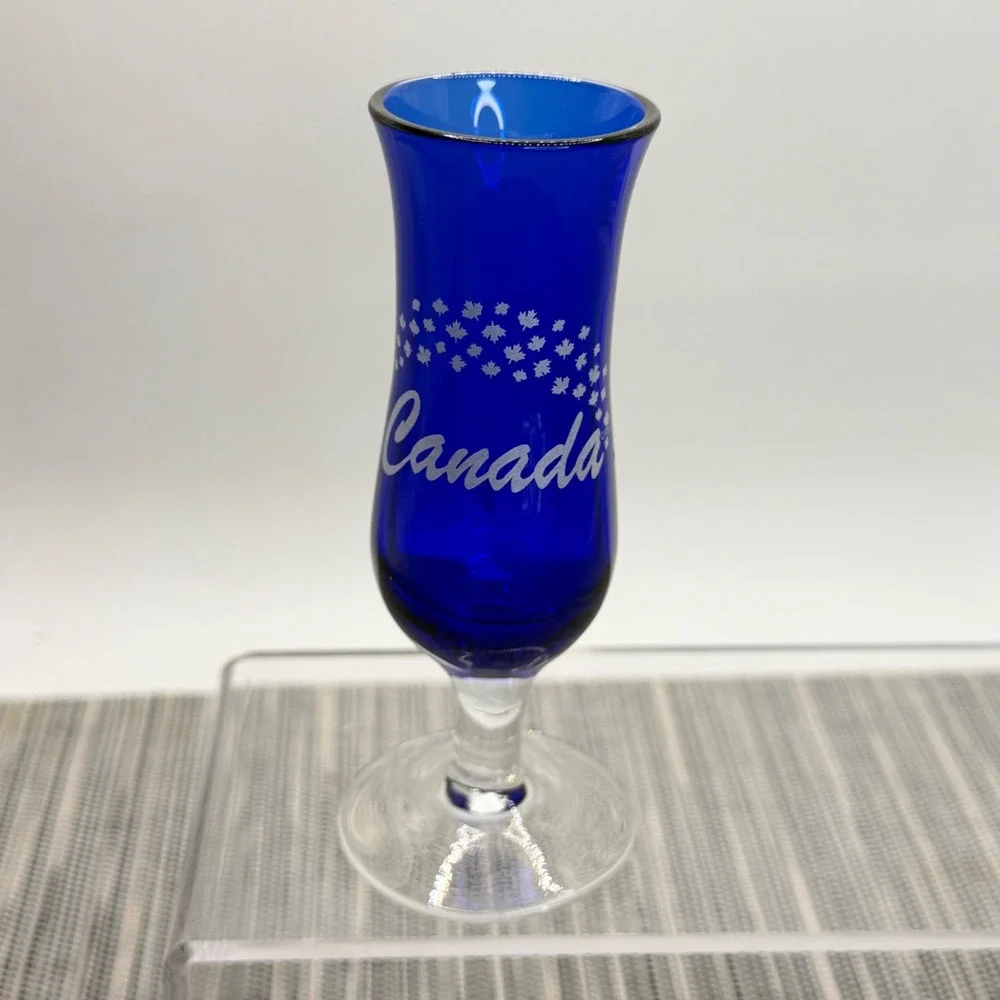 Cobalt Blue Canada Souvenir Shot Glass Etched Maple‎ Leaf Footed Hurricane 4in