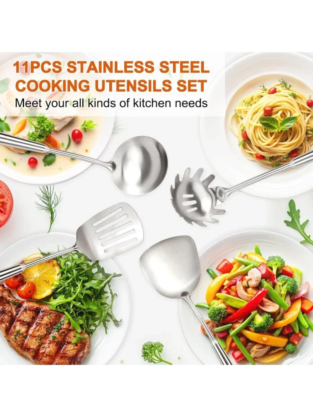 16PCS Stainless Steel Cooking Utensils Set - Metal Kitchen Tools, Dishwasher