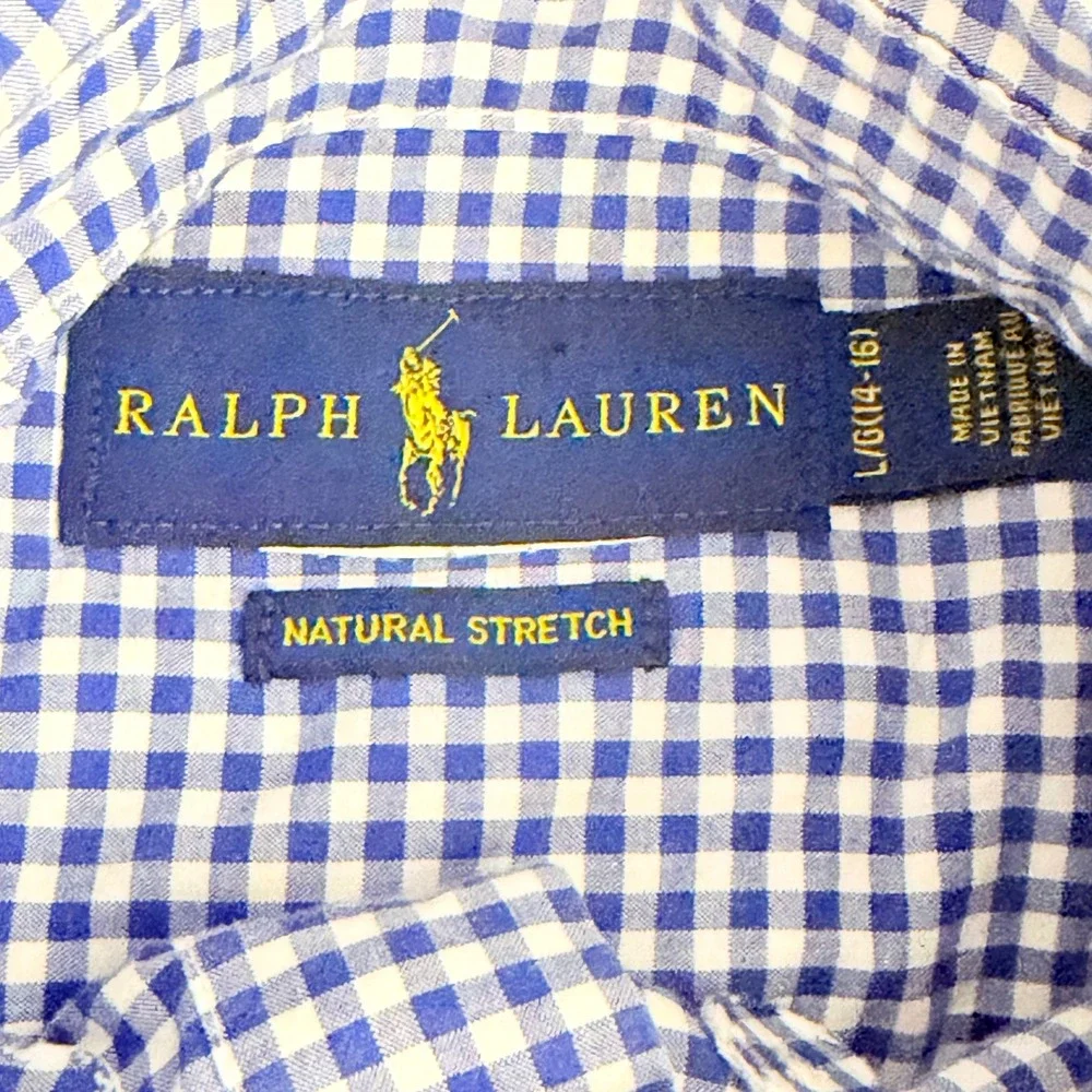 Ralph Lauren Button Down Boys L 14-16 Blue Gingham Natural Stretch Preppy Pony
