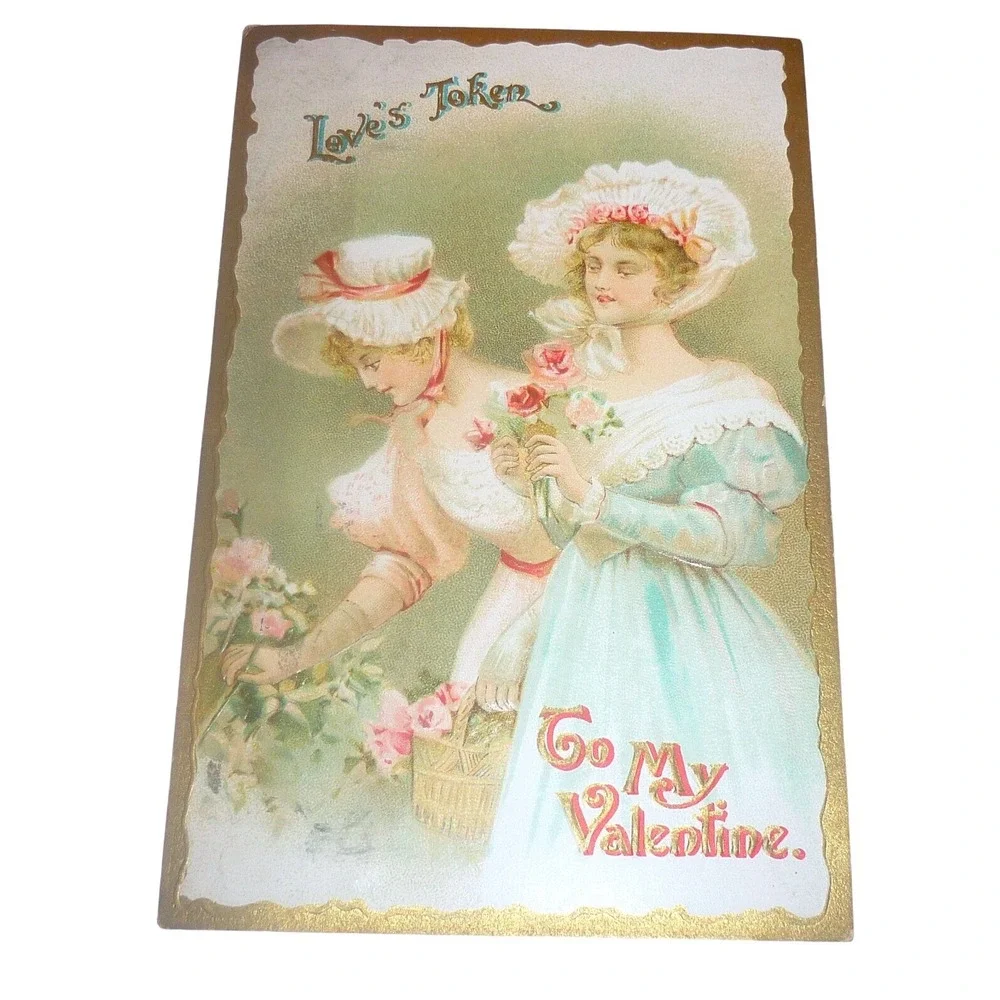 Vintage 1915 Valentine Postcard Love's Token Victorian Women Embossed Germany