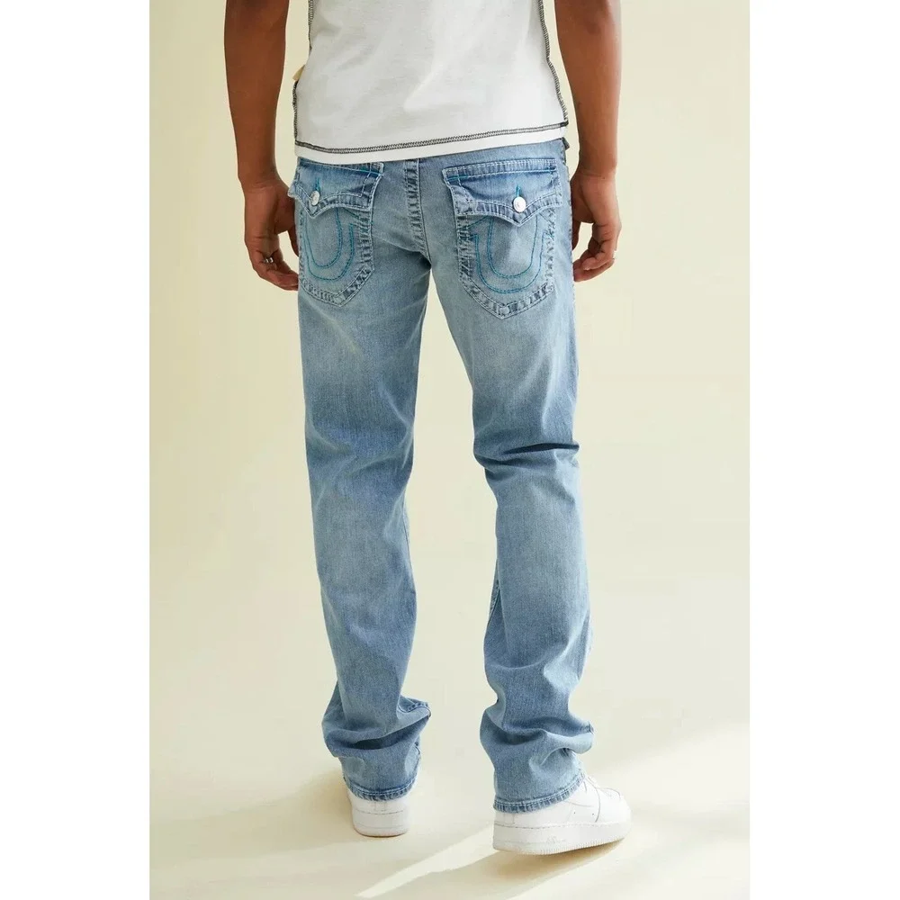 True Religion Ricky Relaxed Straight Mens 46x34 Light Vintage Wash Double Flap