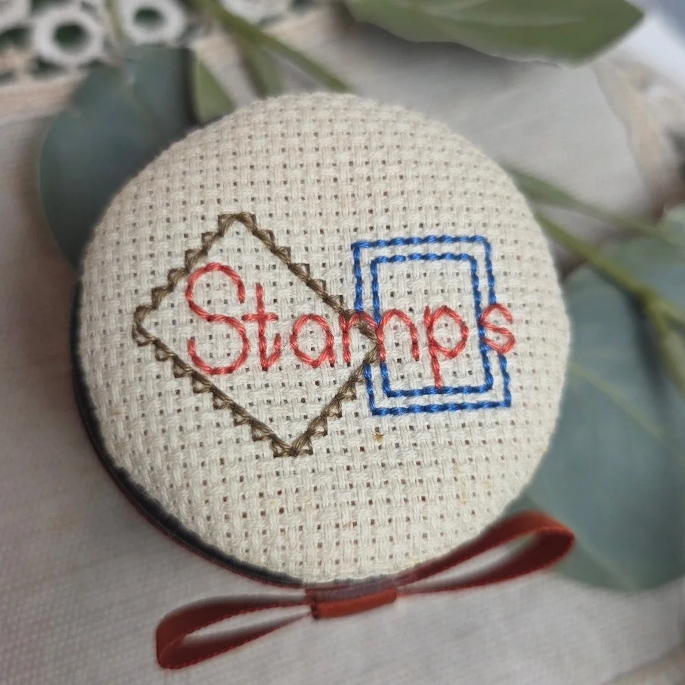 Vintage Wooden Stamp Box Cross Stitched Lid Round‎ Dark Wood Desk Organizer