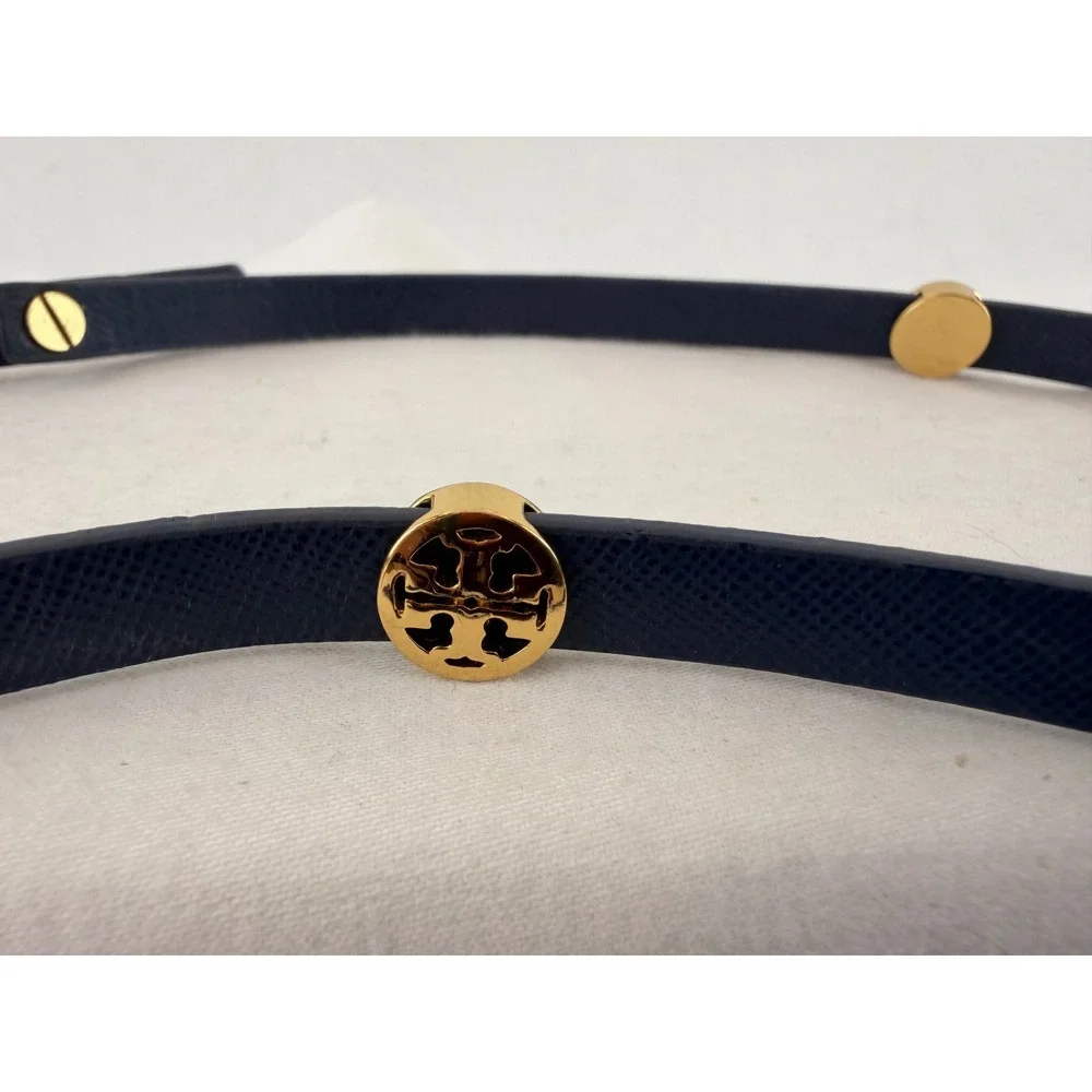 Tory Burch Reva Navy Saffiano Leather‎ Gold Logo Double Wrap Bracelet