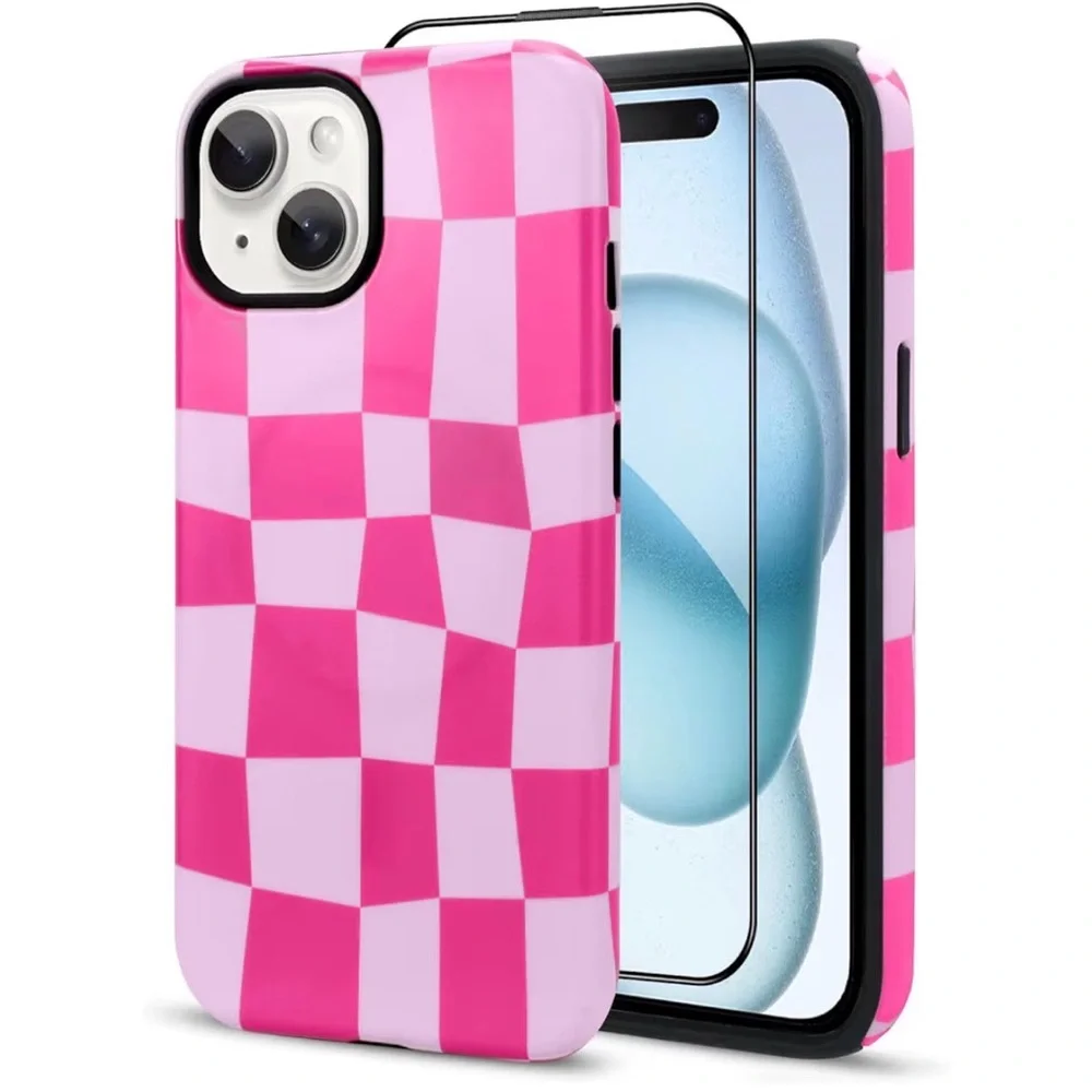 iPhone 15 Pink Checkered Phone Case