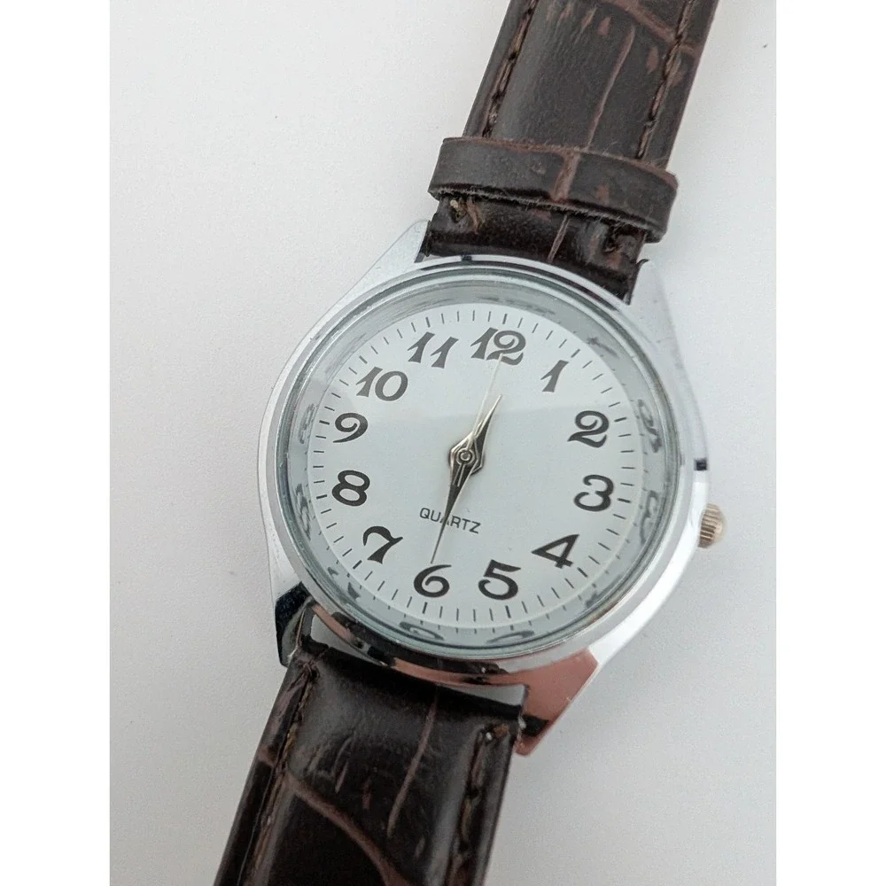 Unisex Quartz Watch Brown Faux Leather Band‎ 35mm Silver Case- New Battery