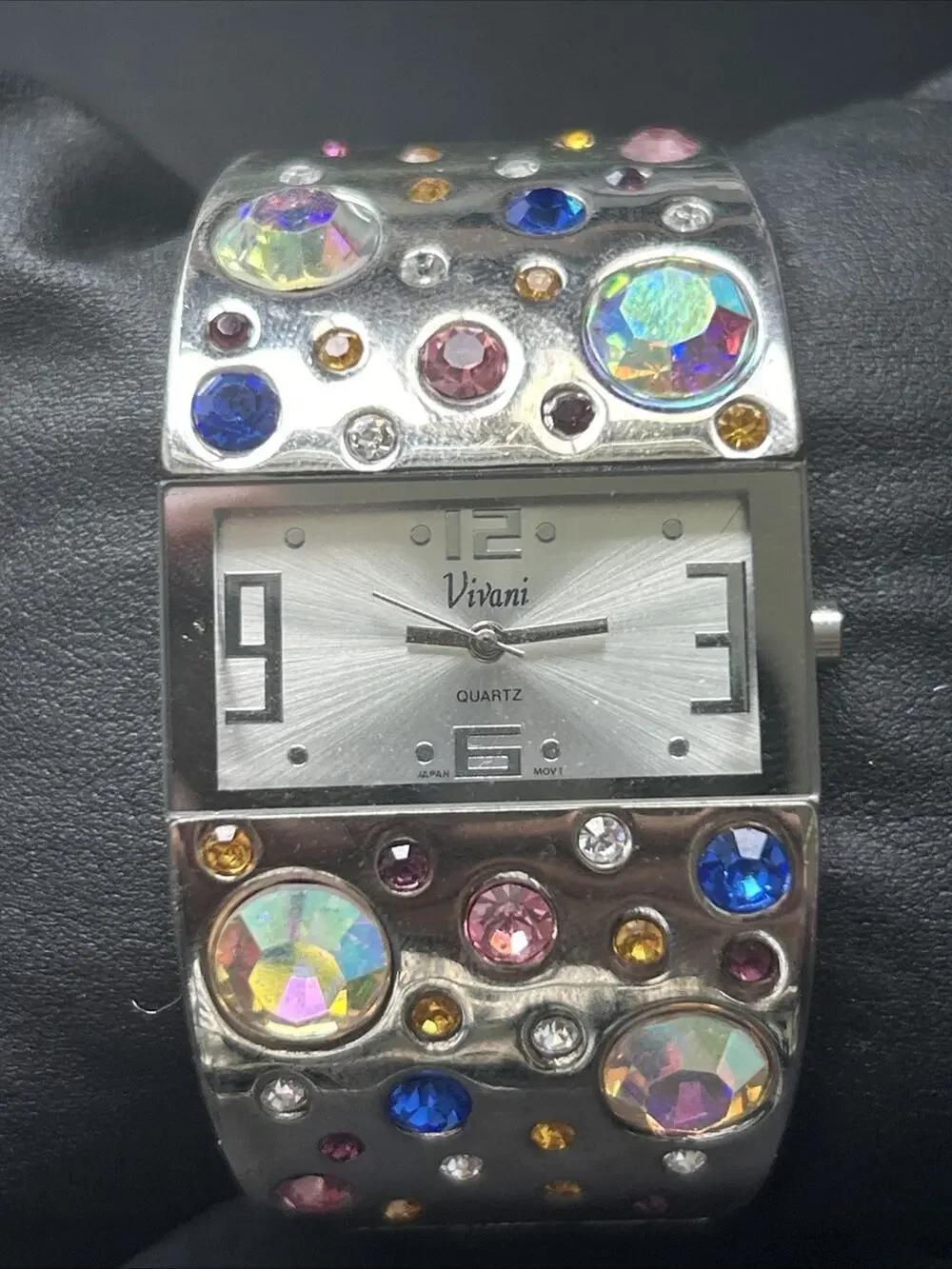 Vivani Silver Tone Multicolored Stones Women’s Cuff Watch