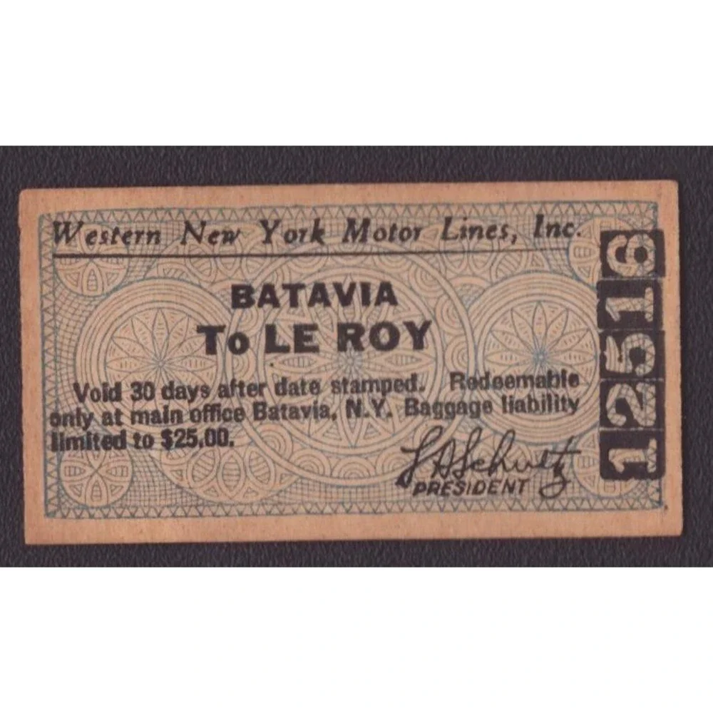 Western New York Motor Lines Batavia to Le Roy Vintage Bus Ticket 12516
