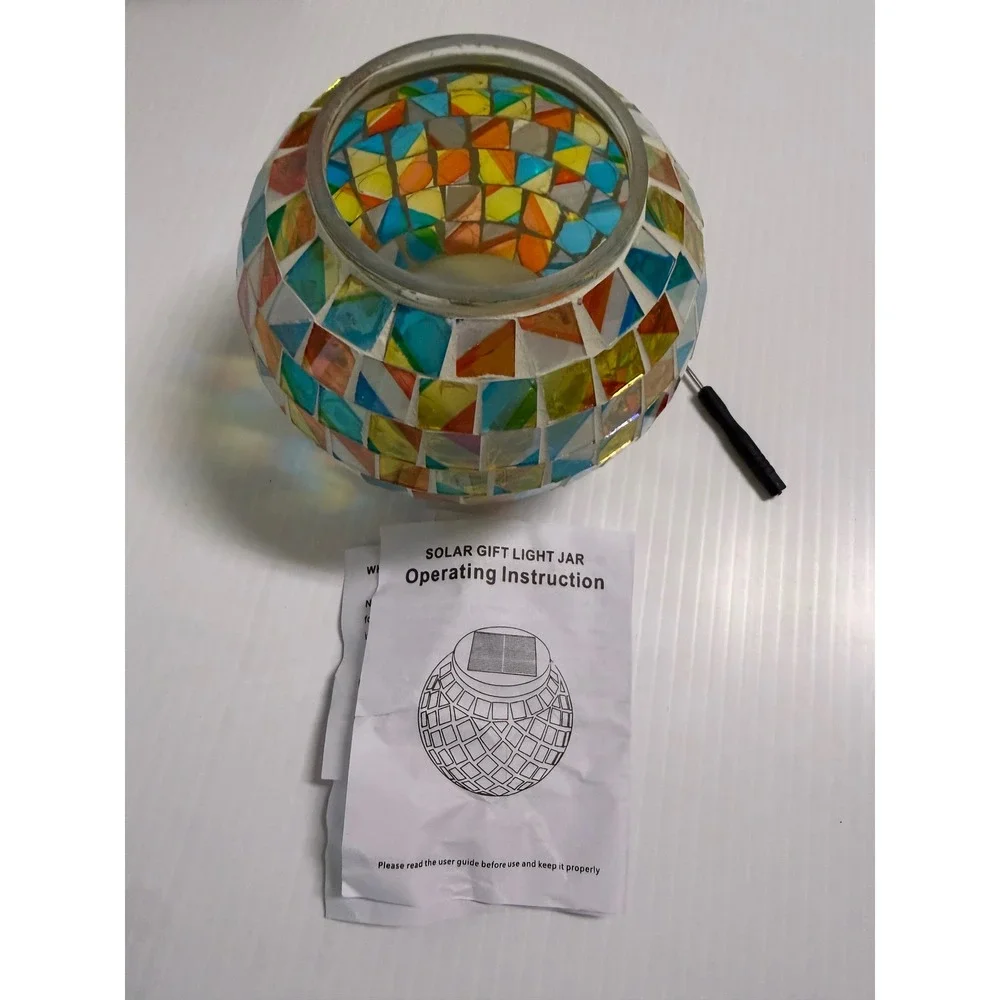 Solar Powered Mosaic Glass Jar Light Multi Color Geometric Tile LED Lantern