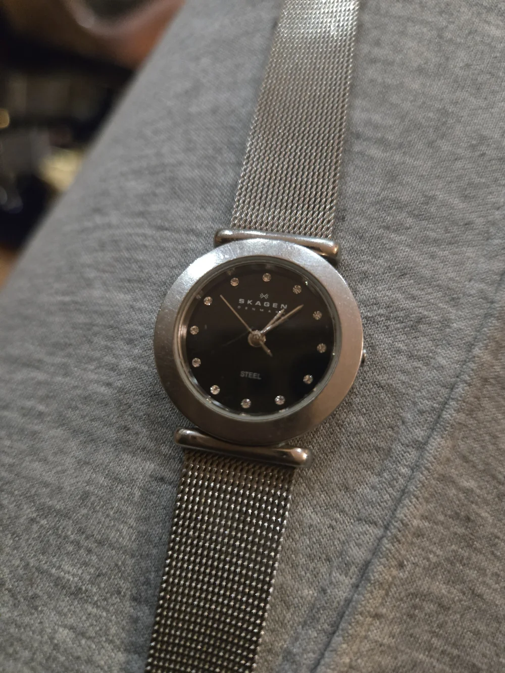 Skagen Silver Mesh Bracelet Watch with Black Dial and Crystal Markers