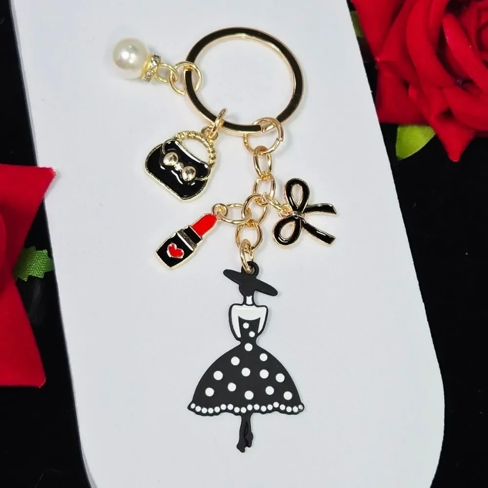 Gold Bow Pearl Fashion Keyring – Handbag, Lipstick & Glam Charms Feminine Gift