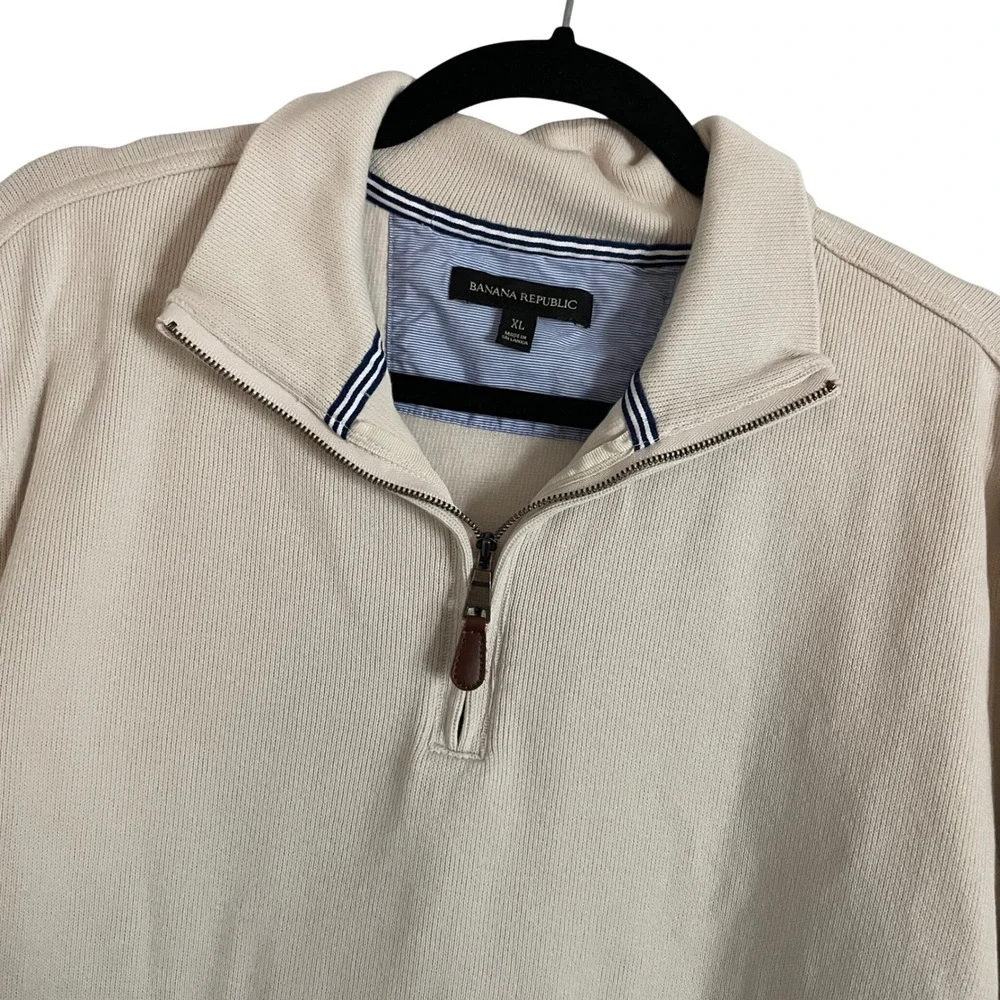 Banana Republic Quarter Zip Pullover Mens XL Cream Elbow Patches‎ Preppy Sweater