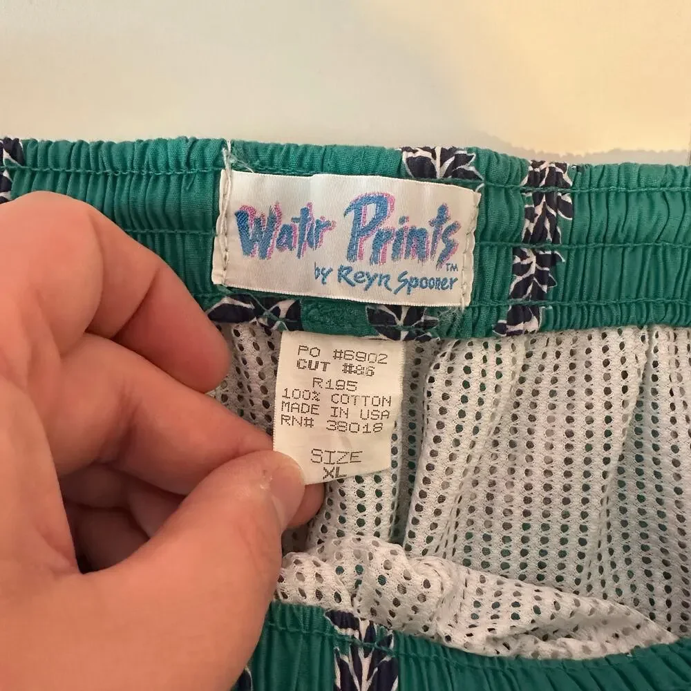 Water Prints by Reyn Spooner Vintage Men’s Swim Trunks Teal Leis Size XL‎ Hawaii