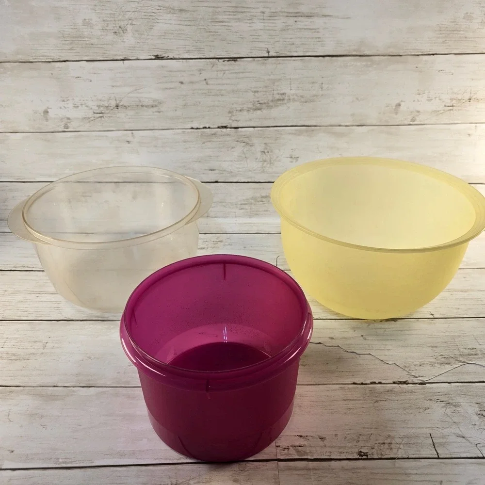 Tupperware Mixing Bowls Set of 3 Yellow Clear‎ 8.5 Cup Pink Microwave Reheatable