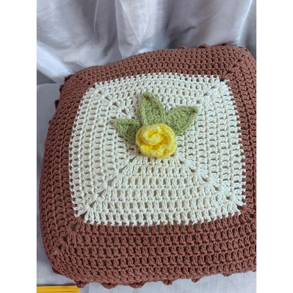 Crochet Throw Pillows 14x14 Brown Cream Yellow Rose Floral Set of 2