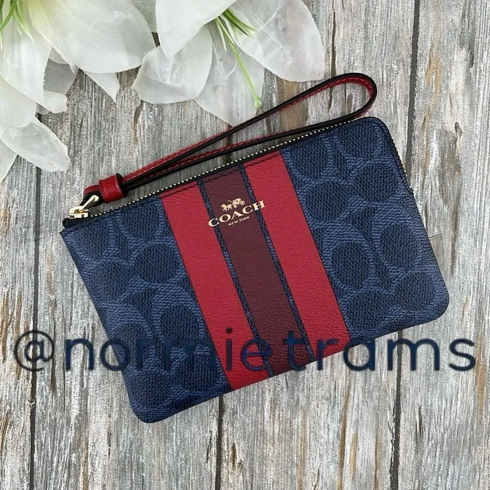 Coach Corner Zip Wristlet In Signature Canvas With Varsity Stripe Wallet Bag