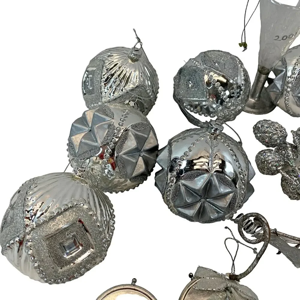 Large Lot Classy Silver Ornaments Gifts Snow Globes Drums Balls Berries Dillards