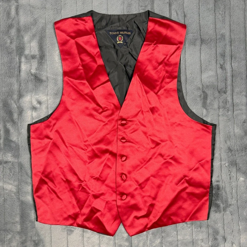 Tommy Hilfiger Mens Red Satin Formal Tuxedo Vest Made in USA Vintage Size ML