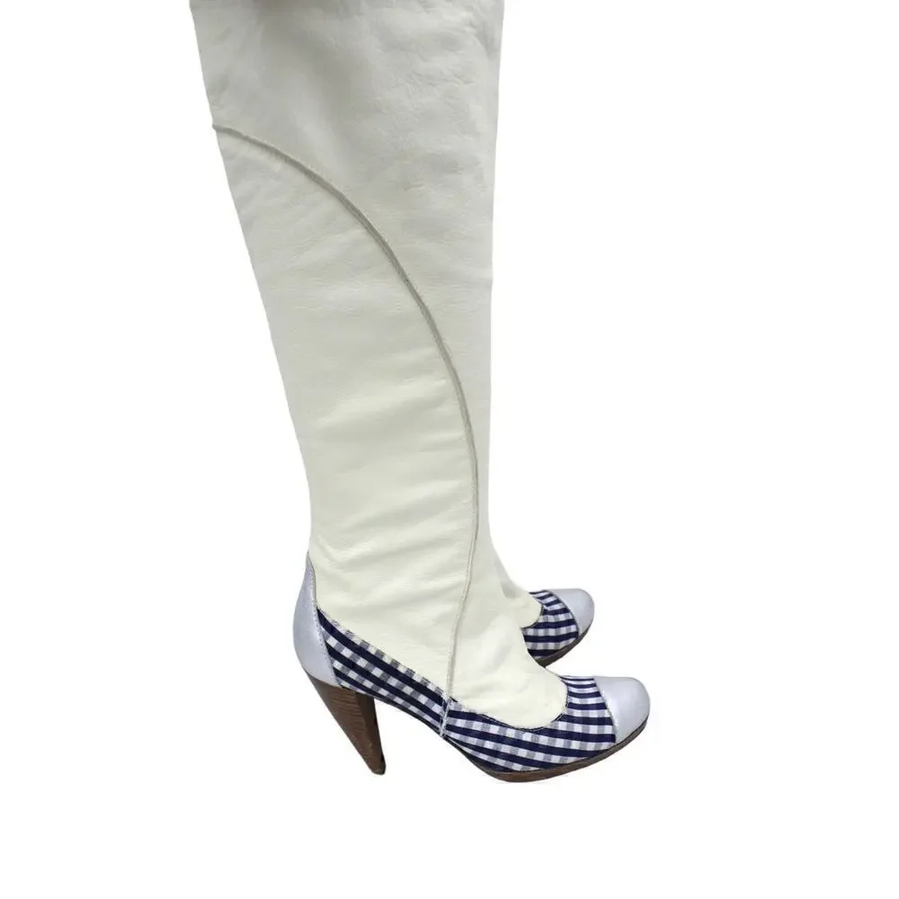 AUTHENTIC Gigi Favela White Leather Boots Heels Blue Gingham Leather 5.5