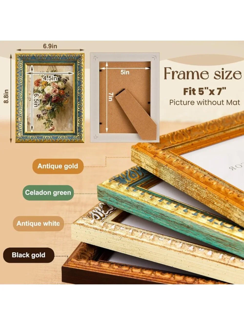 4 Pack Vintage Ornate Picture Frames Set - 5x7, Mixed Colors for Home Decor