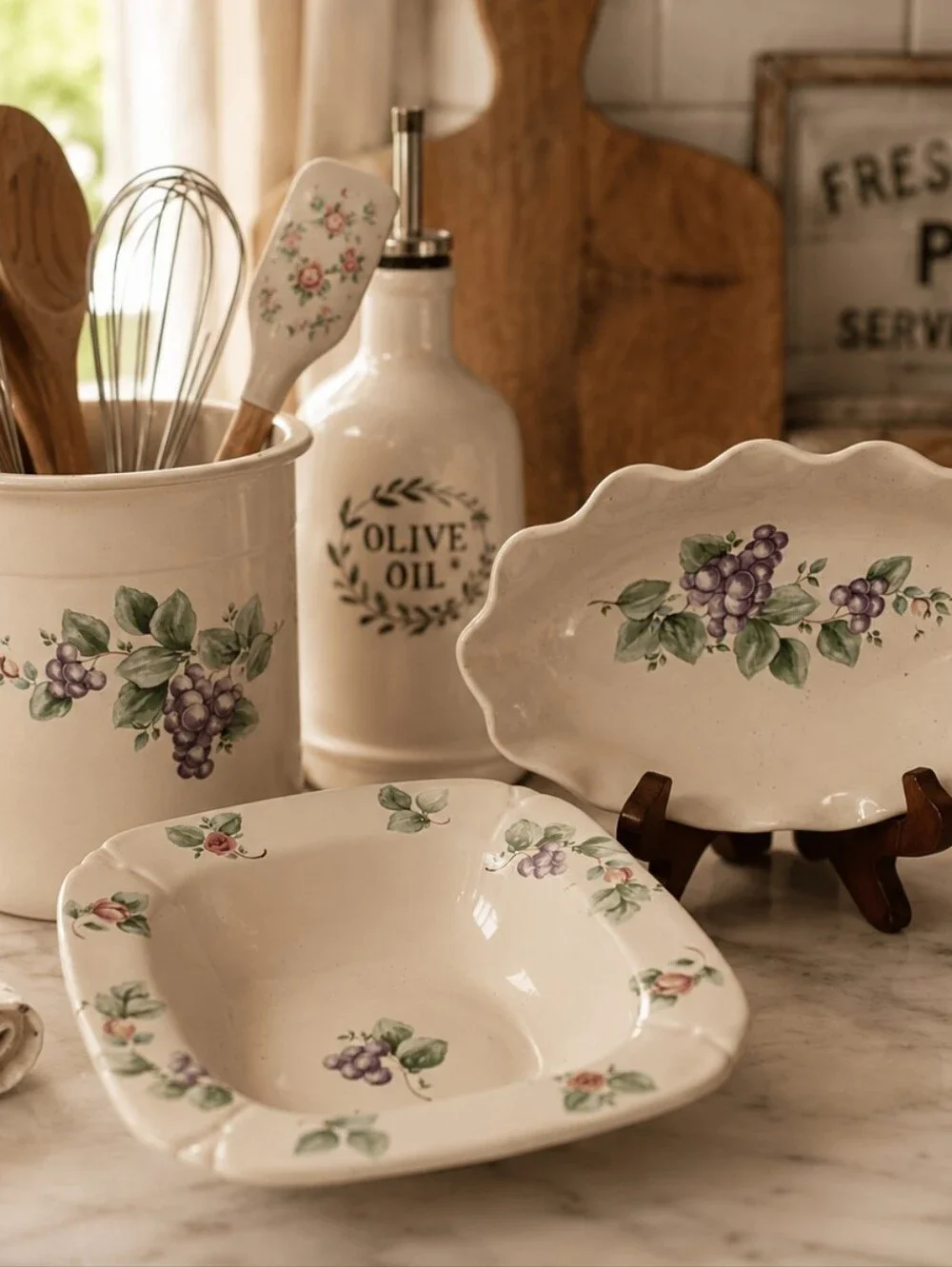Vintage Pfaltzgraff Grapevine Embossed  Utensil Holder, Relish Dish, Square Bowl