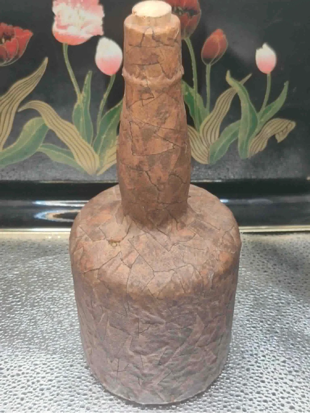 RARE Retrò Decoupage Masking Tape Decanter 1960s Midcentury Bohemian Folk art