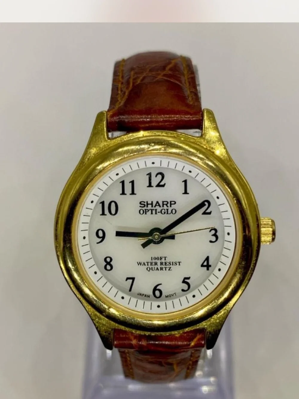 Sharp *** Opti-Glo Gold Tone Watch /  Tan  Leather Strap ^^^