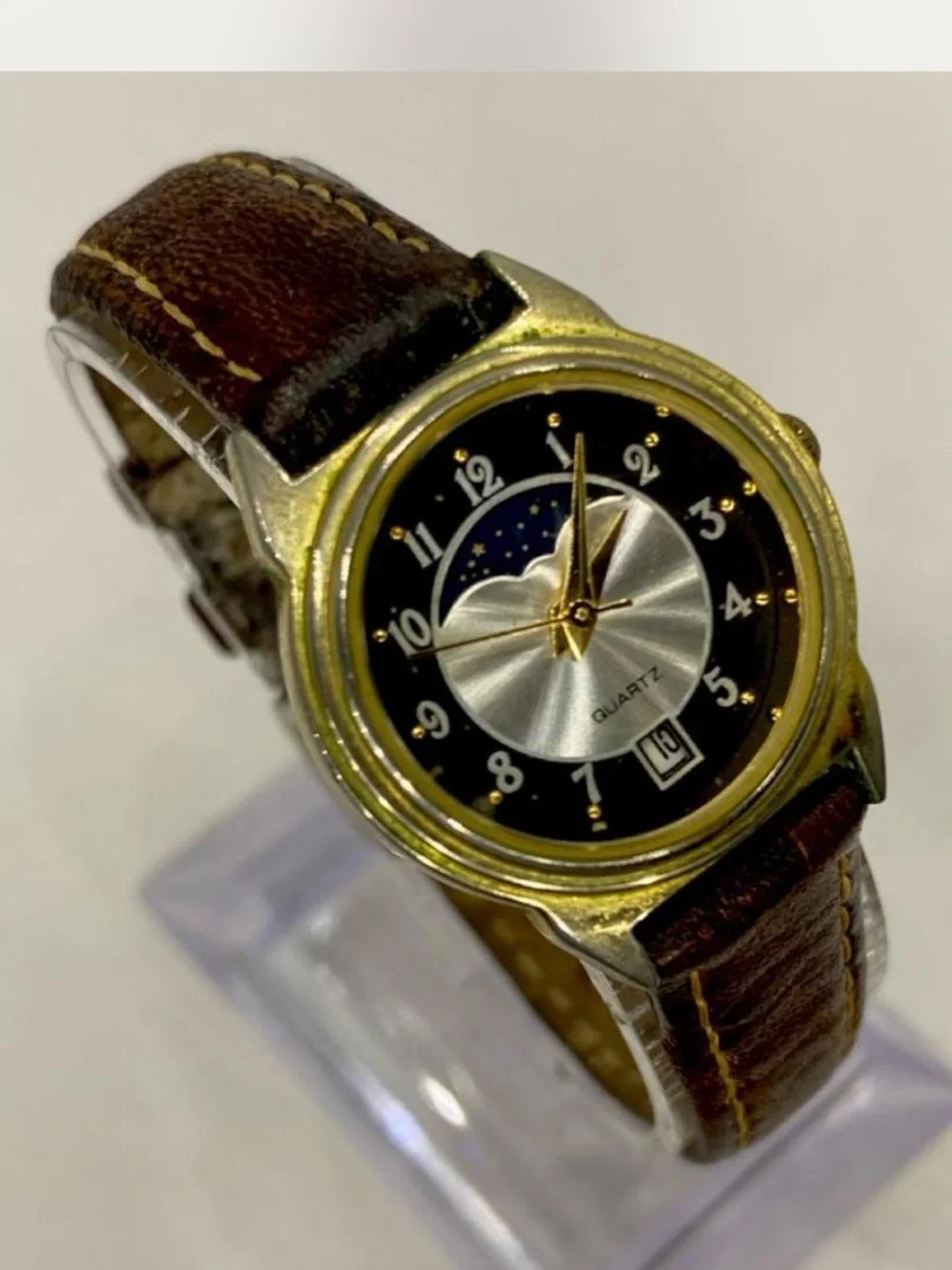 Designer * Moon Phase ^^^ Gold-Tone Quartz Dress Watch / Tan  Leather Strap ***