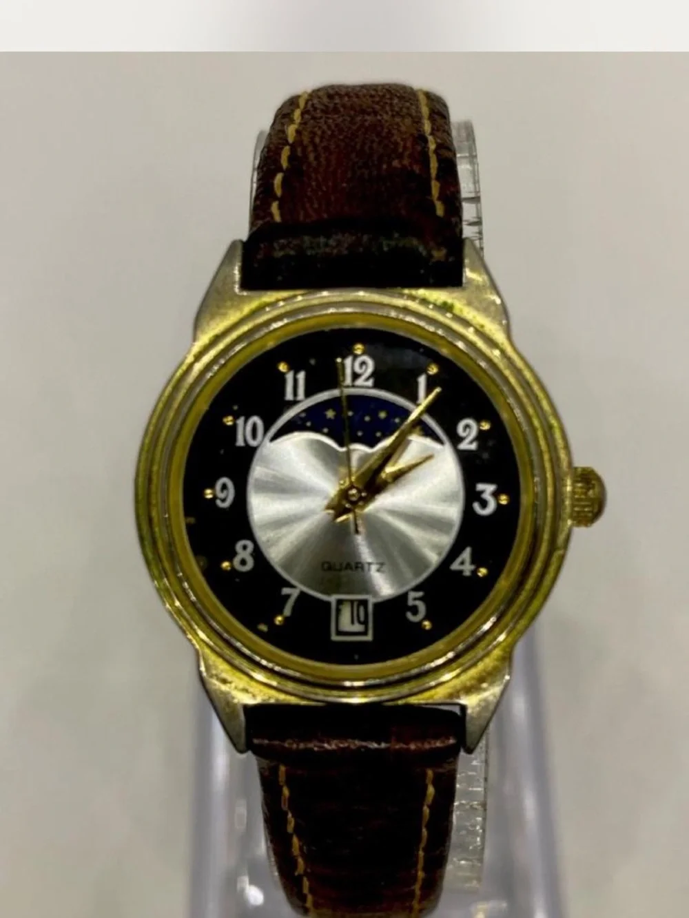 Designer * Moon Phase ^^^ Gold-Tone Quartz Dress Watch / Tan  Leather Strap ***