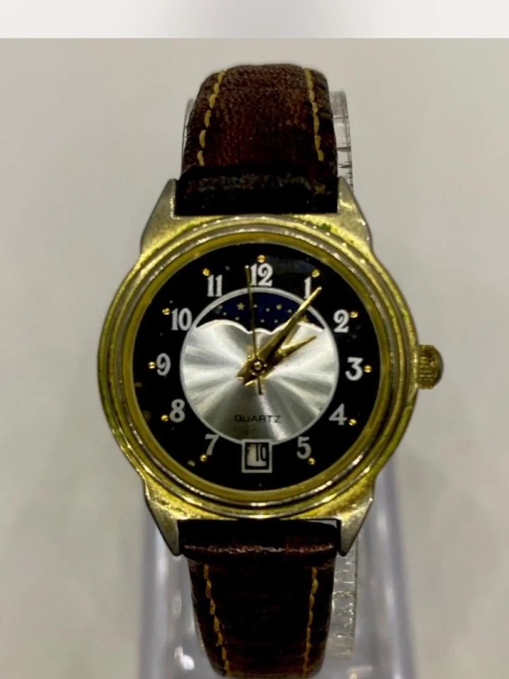 Designer * Moon Phase ^^^ Gold-Tone Quartz Dress Watch / Tan  Leather Strap ***