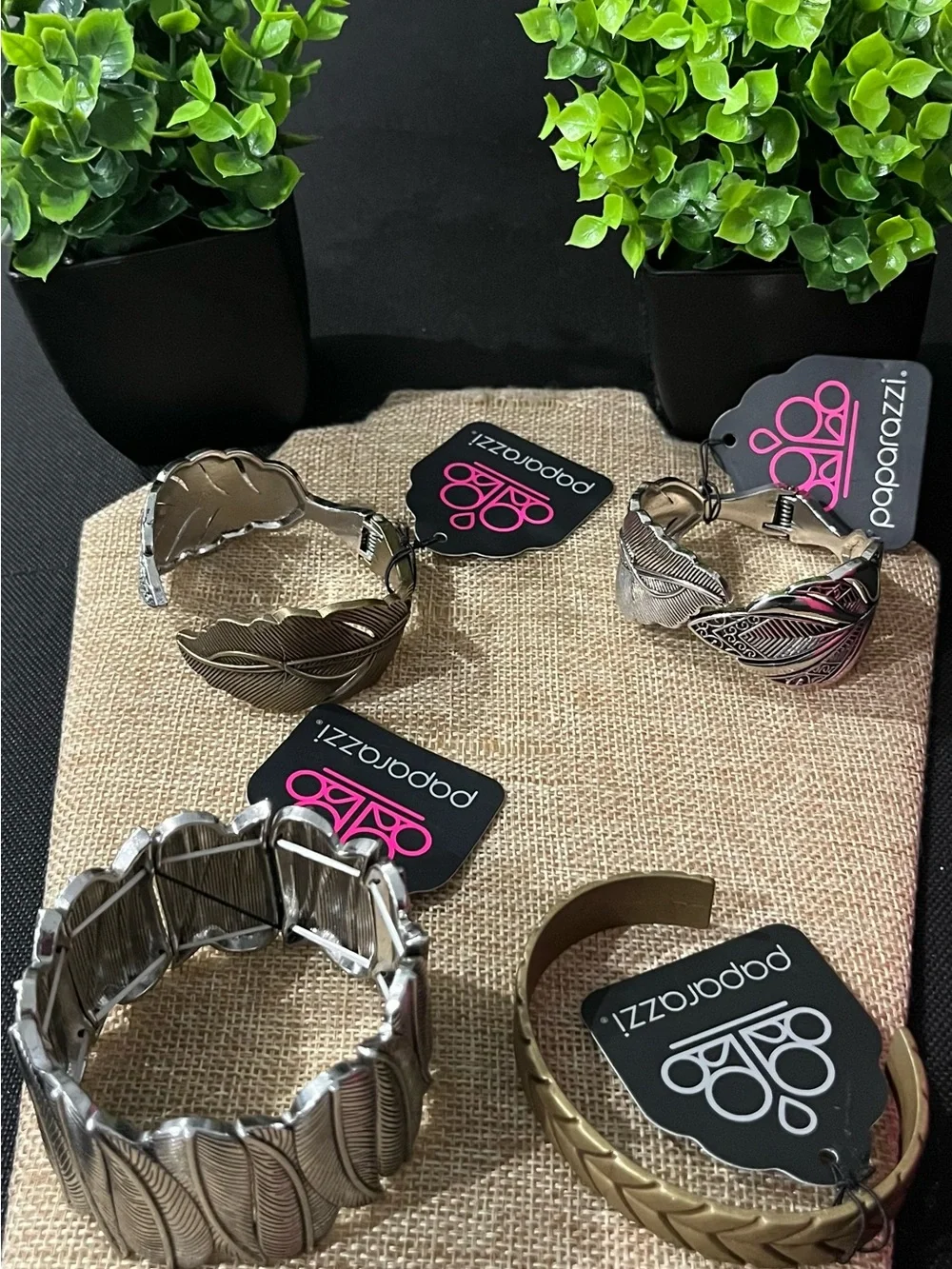 Bundle of 4- paparazzi Silver and Brass Feather Cuff Bracelet Collection