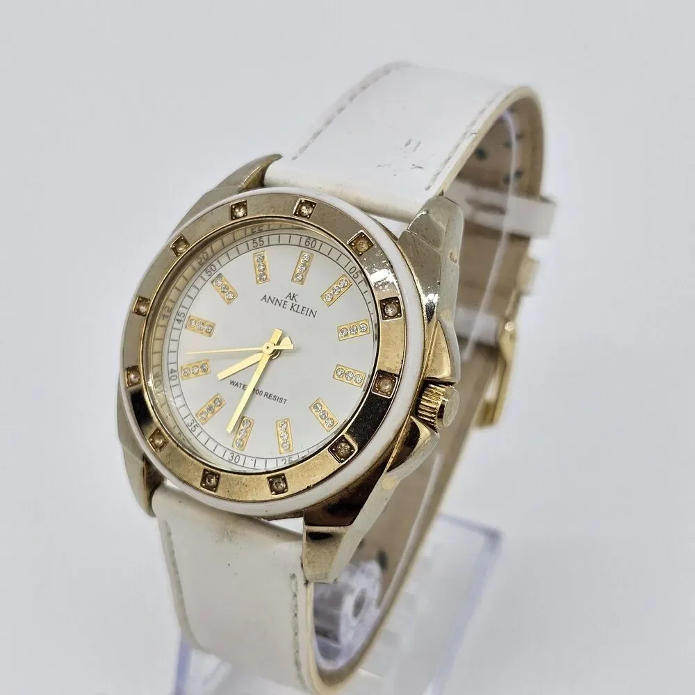 Anne Klein Women's Watch‎ 36MM White Dial White Leather Bands New Battery