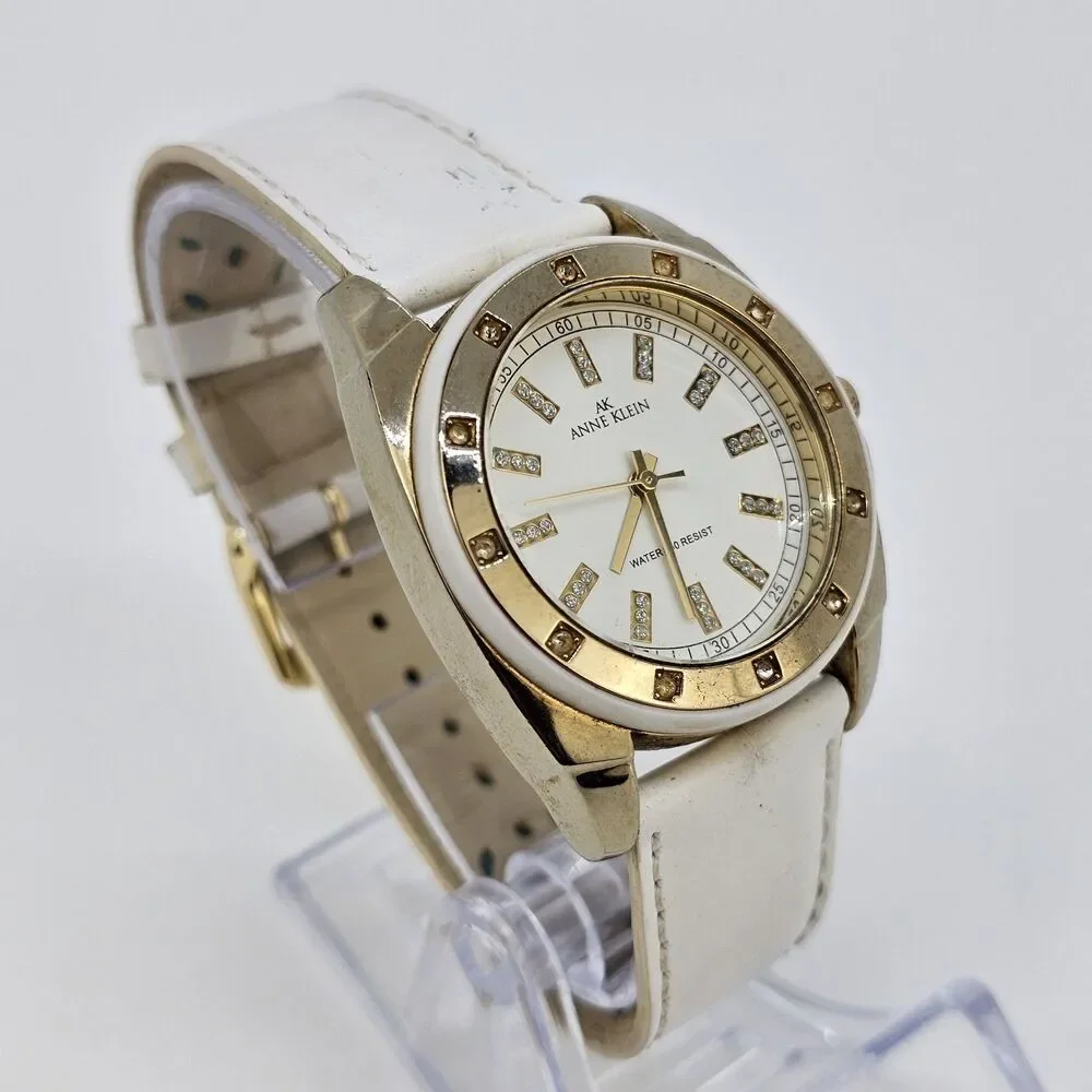 Anne Klein Women's Watch‎ 36MM White Dial White Leather Bands New Battery