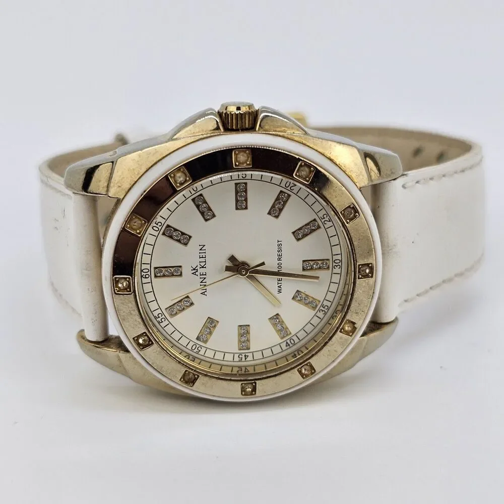 Anne Klein Women's Watch‎ 36MM White Dial White Leather Bands New Battery