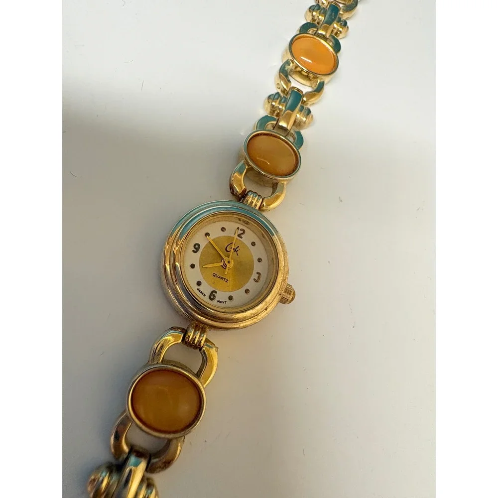 Ciki Vintage‎ Gold Tone Amber Cabochon Link Bracelet Watch Japan Movt