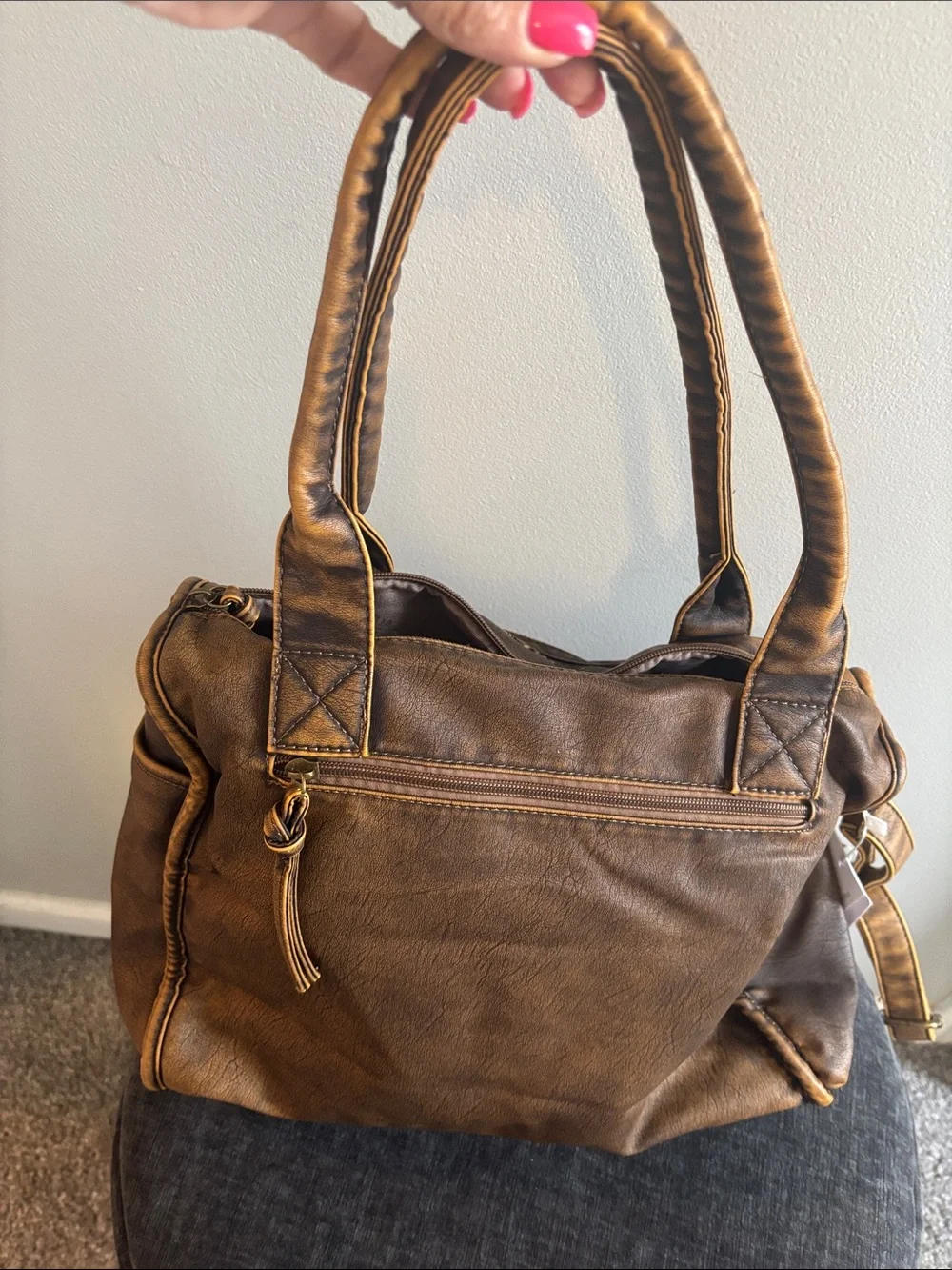 Angel Kiss Distressed Brown Faux-Leather Satchel with Gold Hardware