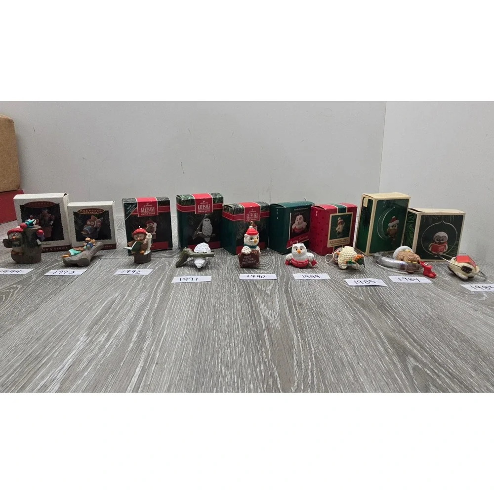 Vintage Hallmark Owl Ornament Lot 1983-1994 Owliver Series Christmas Boxed 9pc‎