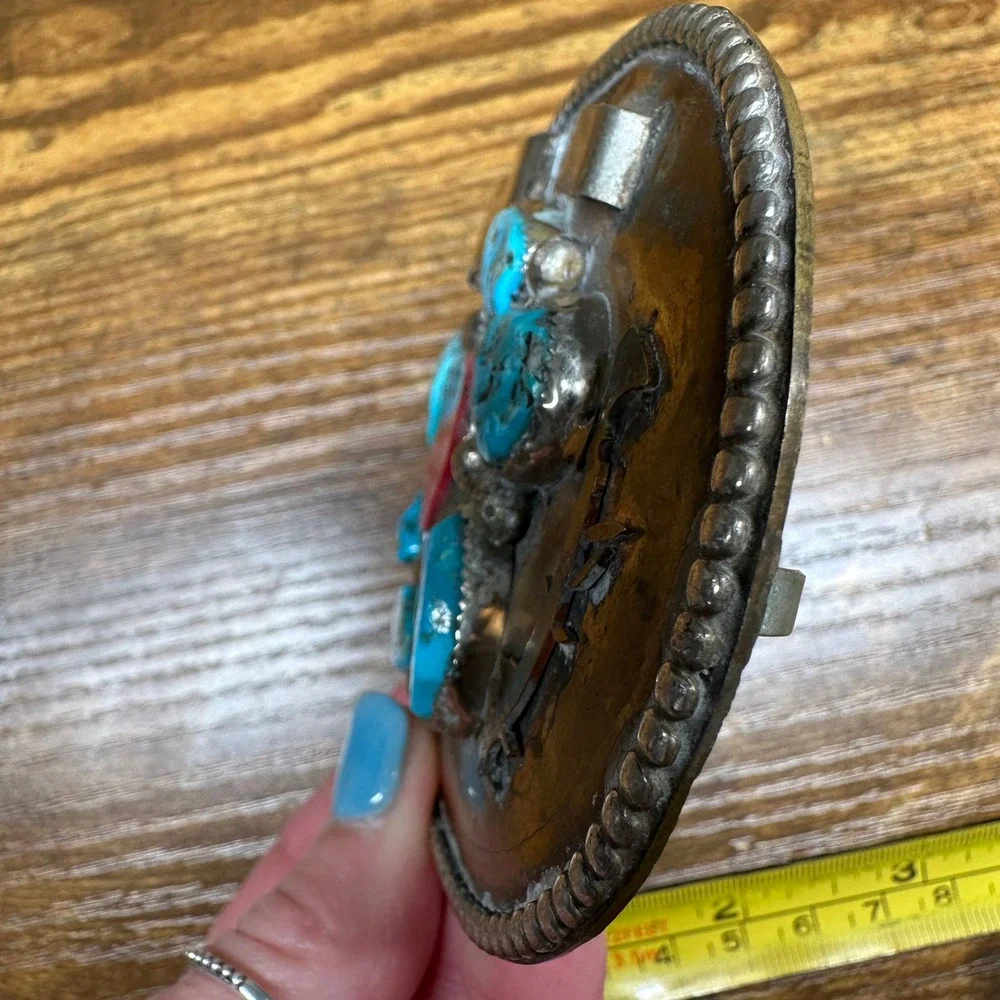 Vintage OE Native American Style Turquoise Red Coral Mixed Metal Belt Buckle