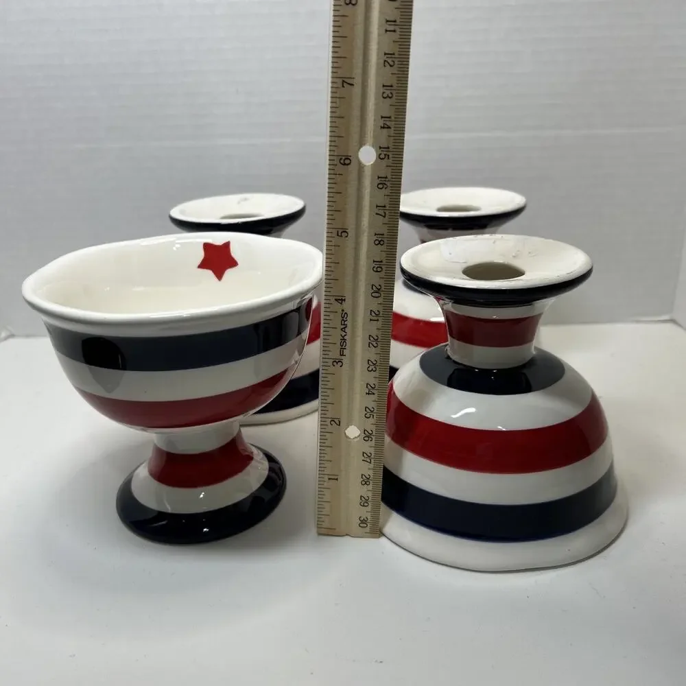 Grace's Teaware ICE CREAM Dessert Bowl Ceramic Blue Red White Striped Qty 4