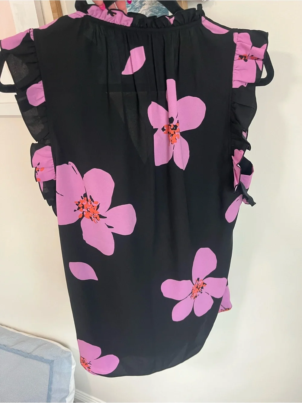 kate spade Black Sleeveless Blouse with Pink Floral Print and ruffles