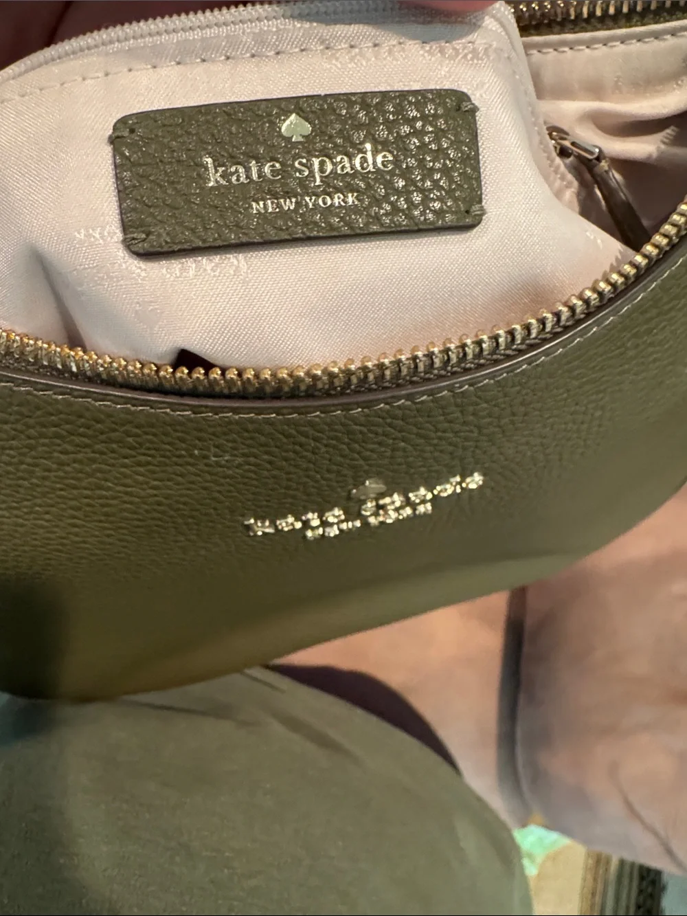 kate spade olive green pebbled leather shoulder bag with striped web strap