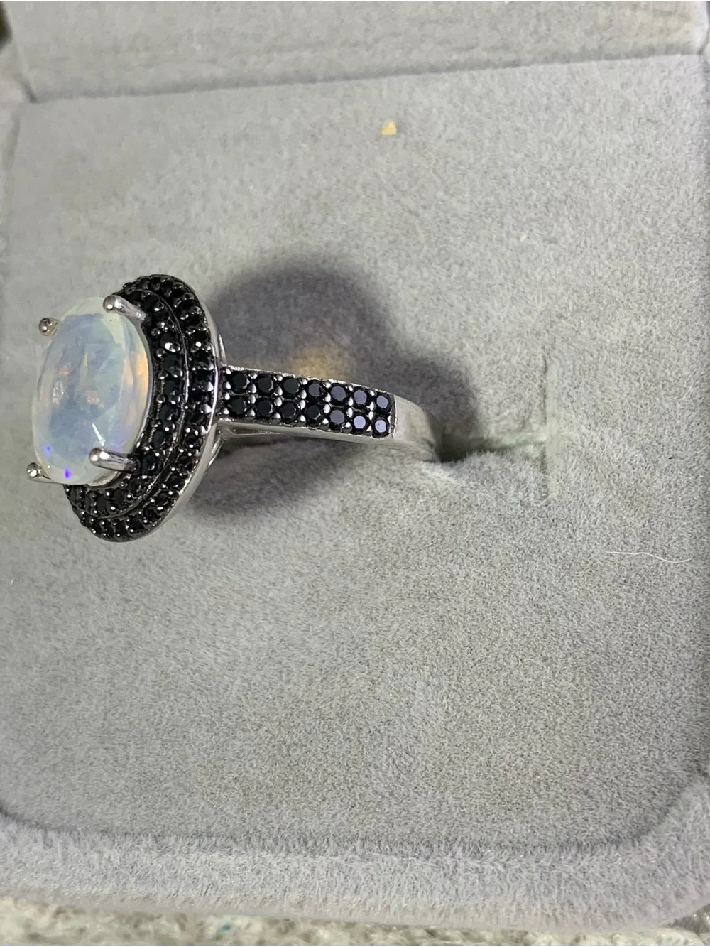 Sterling Silver White Opal Black Spinel Ring stunning oval