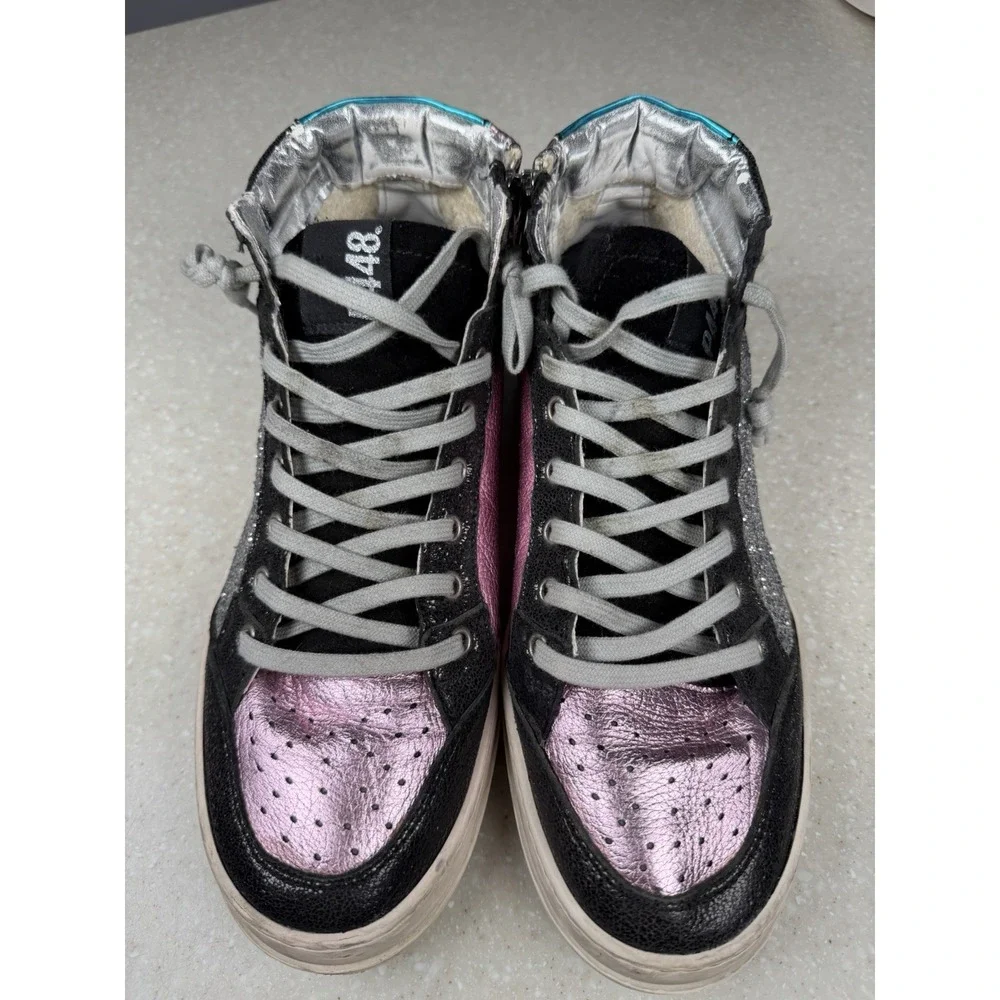 P448 Multicolor Glitter High Top Sneakers in Pink Silver Teal  Size 40 US 9.5-10