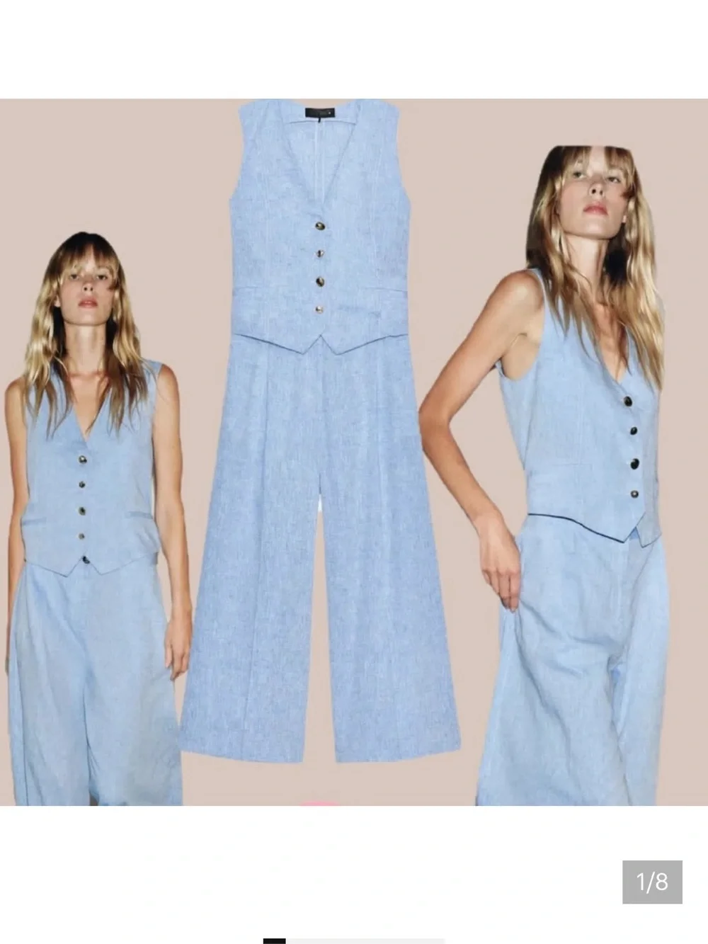 Zara NWT linen blend waistcoat jumpsuit blue 8461/789