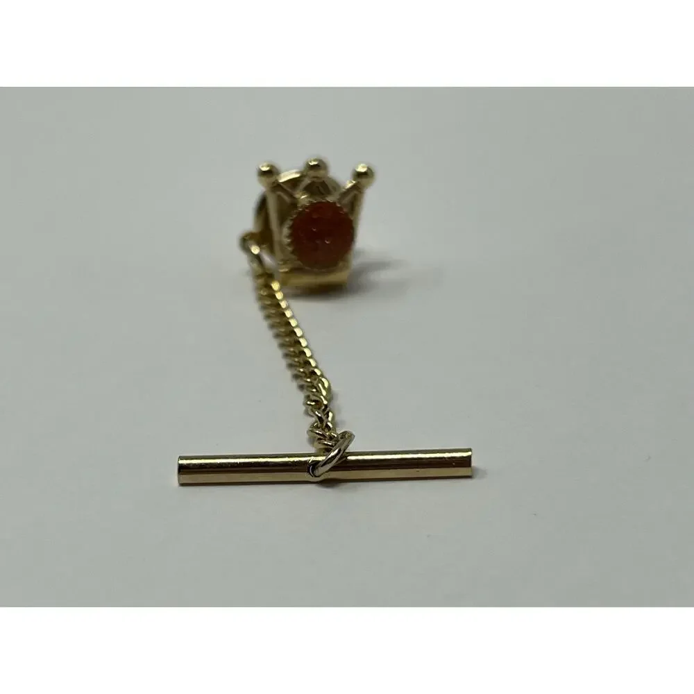 Vintage Crown Tie Tack Goldstone Cabochon Gold Tone T-Bar Chain Pin Men